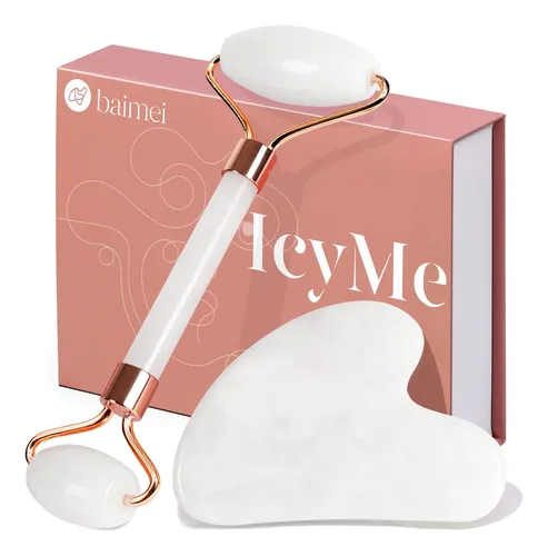 Set Masajeador Facial Baimei Jade Roller Y Gua Sha Blanco