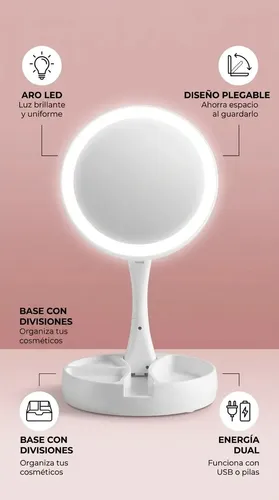 Espejo De Maquillaje Redondo Plegable Aitech Usb Pila Blanco Redondo Recargable Portatil Rotacion Ajustable Tactil Luz Fria Calida Tocador Viaje Profesional Base Estable