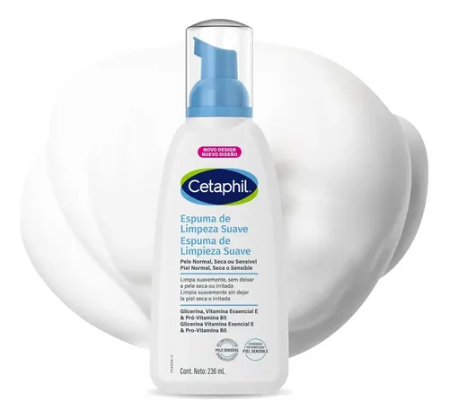 Cetaphil Espuma de Limpieza Facial Suave Glicerina Piel Sensible 236 ml | Autoespumante que elimina suciedad, grasa y maquillaje sin resecar, con glicerina, vitamina B5 y E para calmar piel sensible.