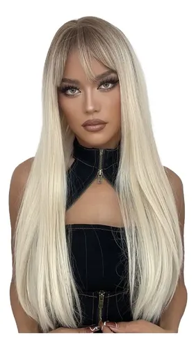 Peluca Larga Negra De Cabello Humano Con Flequillo Y Gorro D