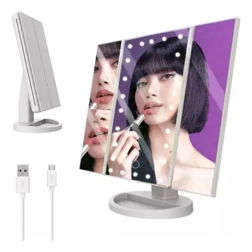 Espejo Tríptico Con Luz Led Y Aumento Para Maquillaje