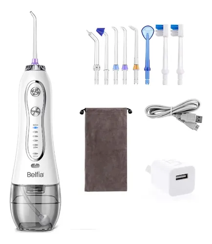 Irrigador Bucal Belfia HF6 Water Flosser 5 Niveles 8 Picos 300ml Ducha Dental Hilo Dental Limpieza Oral Profunda Para Brackets Ortodoncia Implantes Gingivitis Sarro Mal Aliento