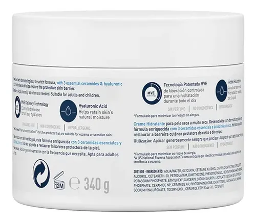 Cerave Crema Hidratante Pote X 340 Gr Sin Fragancia