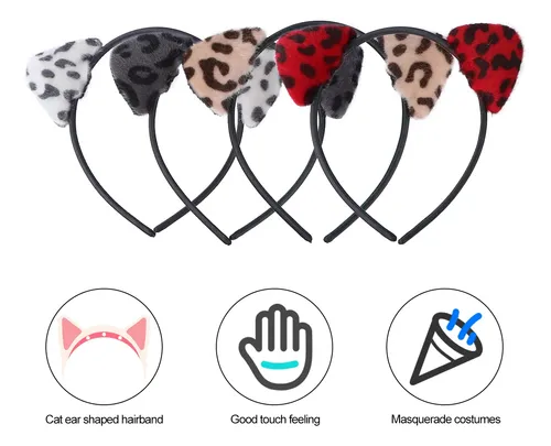 Set De 4 Diademas Con Orejas De Gato Y Estampado De Leopardo Leopard Print (red, Black, White)