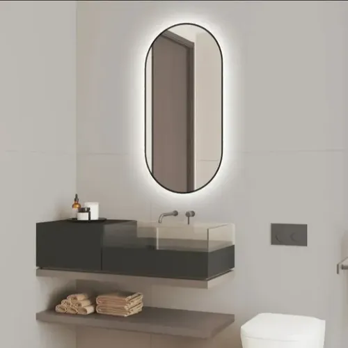 Espejo Con Luz Led Ovalado Marco Negro 80×40