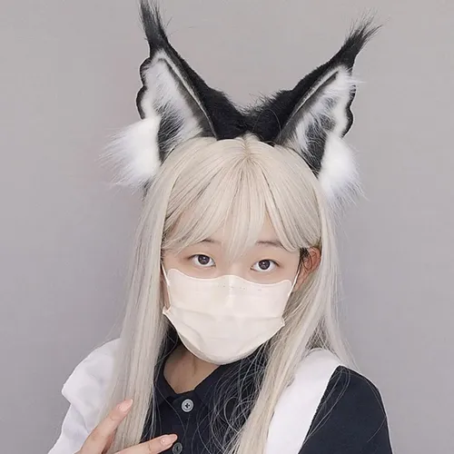 Girls Furry Lynx-ear Furry Kitten Party Costume Black White 7hh703146-bw