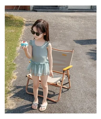 Elegante Traje De Baño De Una Pieza Para Niñas Con Gorro De