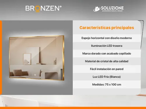 Espejo Premium Luz Led Trasera Horizontal Dorado 75 X 100 Cm