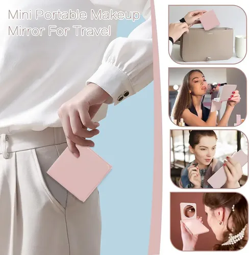 Espejo de Maquillaje Recargable con Luz LED y Aumento 5X/10X para Bolso Rosa
