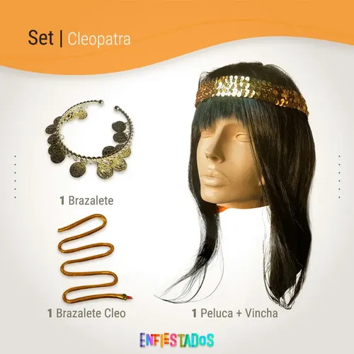 Peluca Cleopatra Con Vincha Brazalete Pulsera Fiesta Disfraz