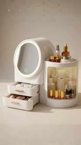 Organizador De Maquillaje NORTH LEVEL Con Espejo Y Luz LED Para Tocador