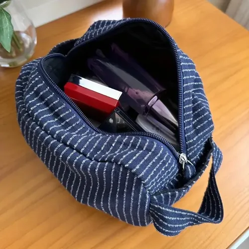 Bolsa De Maquillaje De Viaje A Rayas, Gran Capacidad Navy Bl Navy Blue With White Stripes Striped