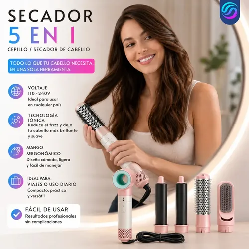 Cepillo Secador Modelador 5 en 1 para Pelo con Rulos, Ondas y Volumen de Enarium