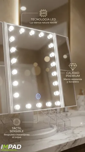 Espejo Maquillaje Led Con Organizador Aumento 2x 3x Plegable