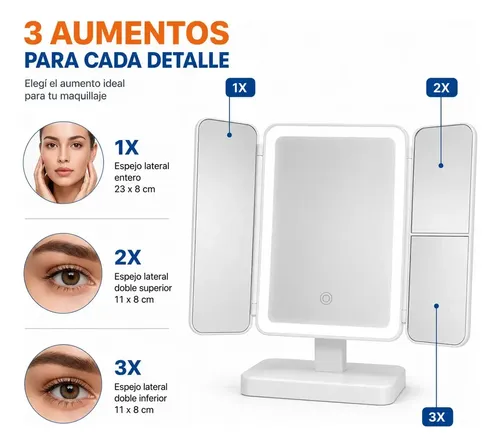 Espejo De Maquillaje Con Luz Led Táctil Blanco Con Aumento