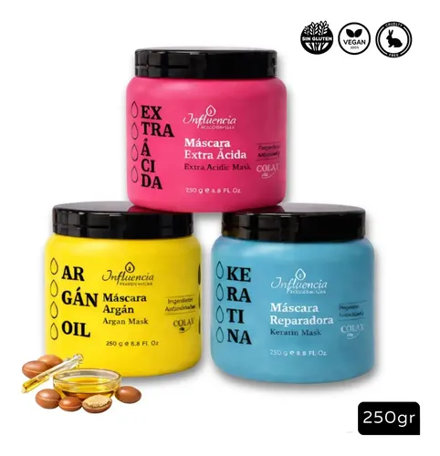 Kit 3 Máscaras Influencia 250g Extra Ácida, Argán, Keratina