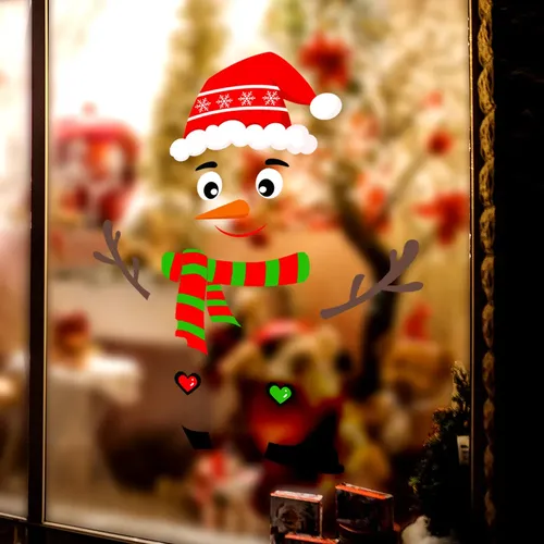 Sticker Navideño Muñeco De Nieve Gorra Santa Vidrio