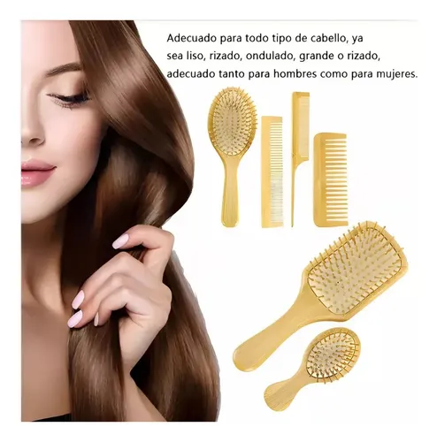Kit De Cepillos Y Peines De Bambú Antiencrespamiento, 6 Piez