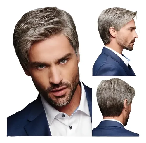 ,, Peluca De Hombre Jf Con Cabello Liso Castaño Y Gris @az