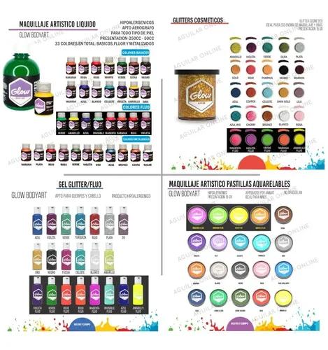 Kit 19 Maquillaje Glow Glitter Stras Gel Pincel Stencil
