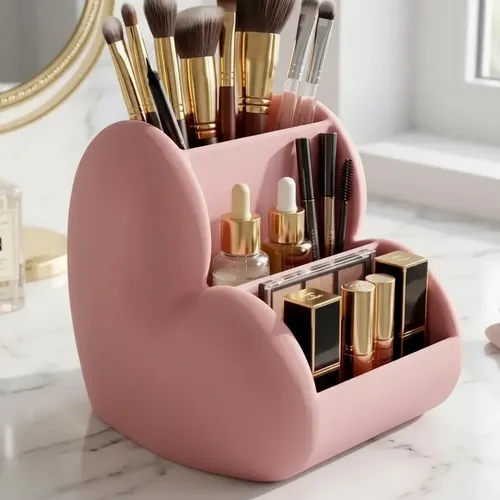 Organizador De Maquillaje Escritorio Forma Corazón Rosa