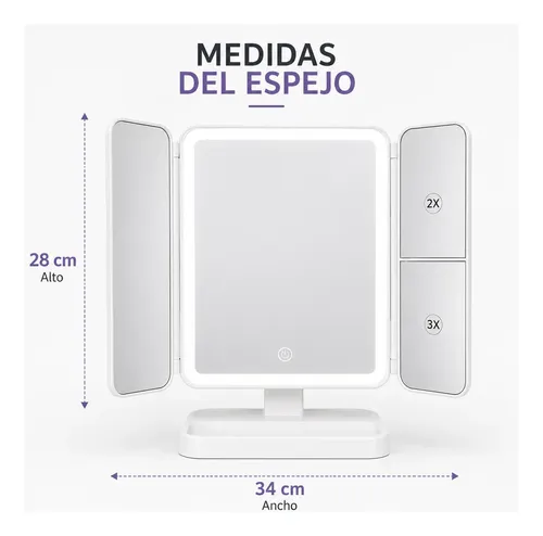 Espejo Maquillaje Con Aumento X2 X3 Luz Led 3 Tonos