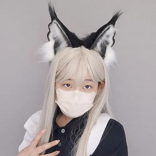 Girls Furry Lynx-ear Furry Kitten Party Costume Black White 7hh703146-bw