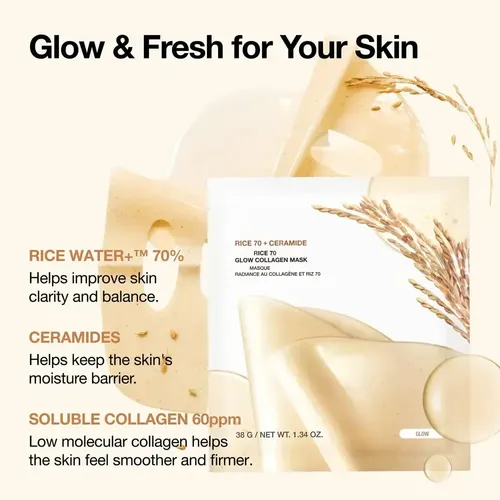 Mascarilla Facial Colágeno Y Ceramidas Arroz 70% Glow 38 Ml