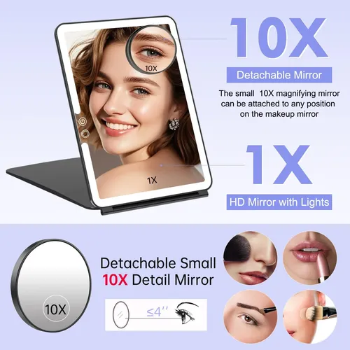 Espejo De Maquillaje Funtouch Portátil Con Luz 10×7.5 Negro