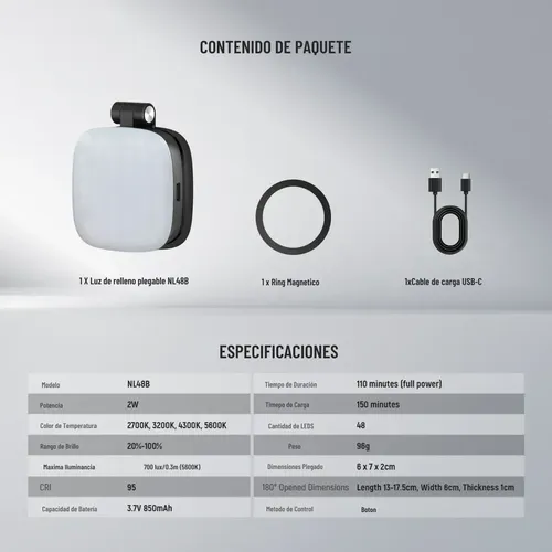 Luz Magnética Para Selfies Neewer Basics Nl48b Espejo Hd Conector Usb-c Con 700lux (cri 95)