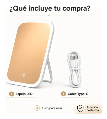 Espejo Maquillaje Led Recargable 23cm 3 Tonos Luz