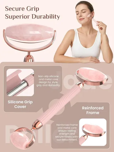 Set Masajeador Facial Rena Chris Rodillo Y Gua Sha Rosa