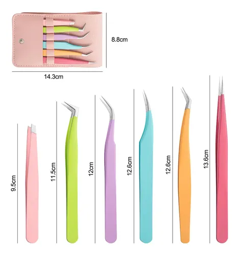 Set 7 Pinzas Profesionales Acero Inoxidable Cejas Y