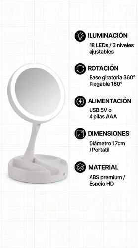 Espejo De Maquillaje Redondo Plegable Usb Pila Luz Led Zoom