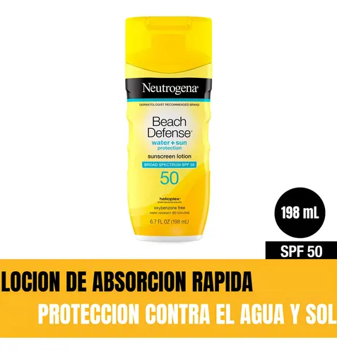 Neutrogena Beach Defense Protector Solar SPF50 198ml Locion Corporal Amplio Espectro Helioplex Resistente Al Agua Para Playa Alberca Deporte Sol Cuerpo Piel Hidratada Uso Diario UVA UVB Proteccion UVA