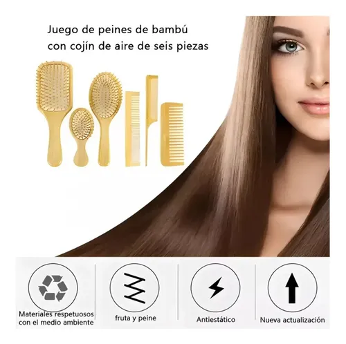 Kit 6 Cepillos Y Peines De Bambú Antifrizz