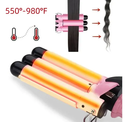 Triple Rizadora De Cabello Ondas Playeras Color Rosa . .