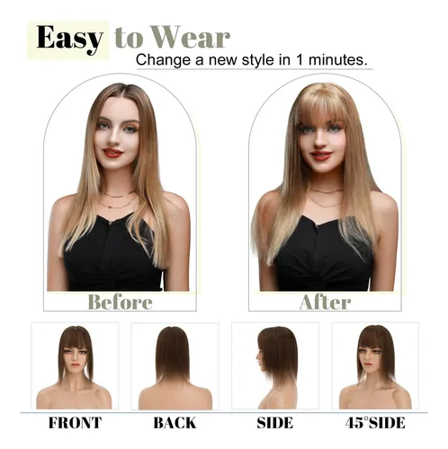 Toppers Sego Para Cabello Humano Real Con Flequillo, Clip En