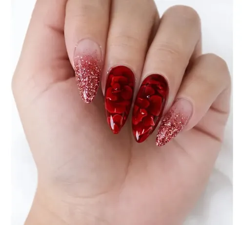 Uñas Press On Nails Veluna Reutilizables Diseños Variados Color Ruby Romance