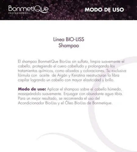 Shampoo Bio-liss Bonmetique Argan Sin Sulfato X 900 Ml