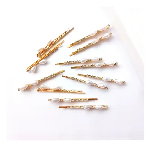 Pack X12 Hebillas Invisible Dorado De Pelo C/ Strass Y Perla