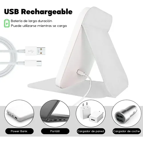 Espejo Cosmético Portátil, Plegable, Recargable Por Usb, Blanco
