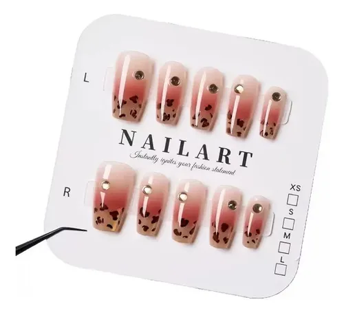 Uñas Postizas Press On Leopardo Amor Strass Ombre Nail Art