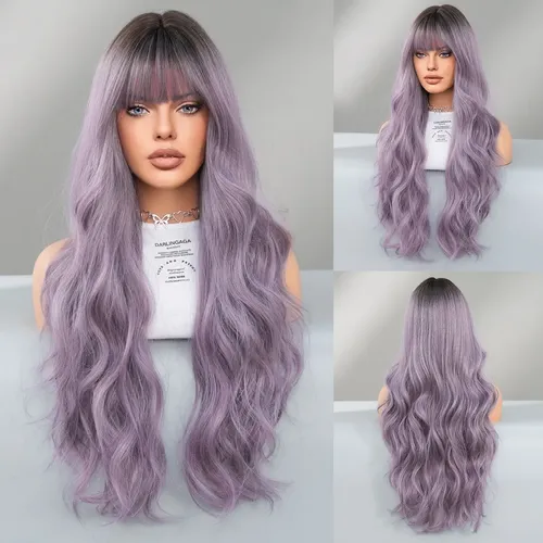 Peluca Larga Ondulada De Color Gris Púrpura Para Mujer