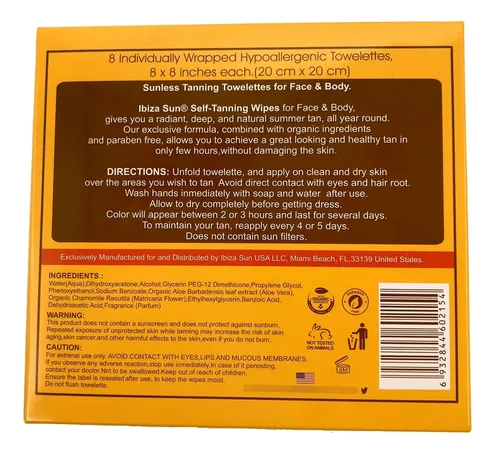 Toallitas Veganas Orgánicas Self Tanner Ibiza Sun, 8 Unidade