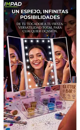 Espejo Maquillaje Led Con Organizador Aumento 2x 3x Plegable