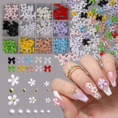 Prima Decoración Uñas 3d Moños Perlas Flores 12 Cuadros