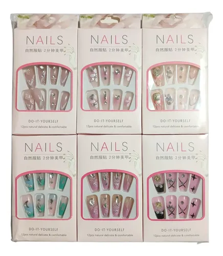 Set Uñas Postizas Press On Decoradas 3d Strass X12 Unidades