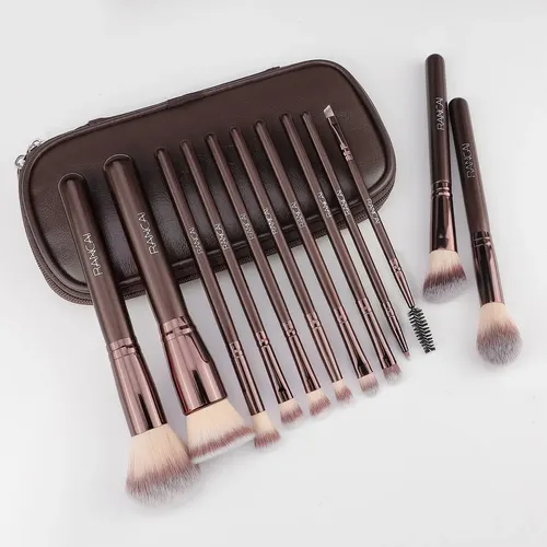 Set De 12 Pinceles Rancai Con Estuche De Cuero Marrón