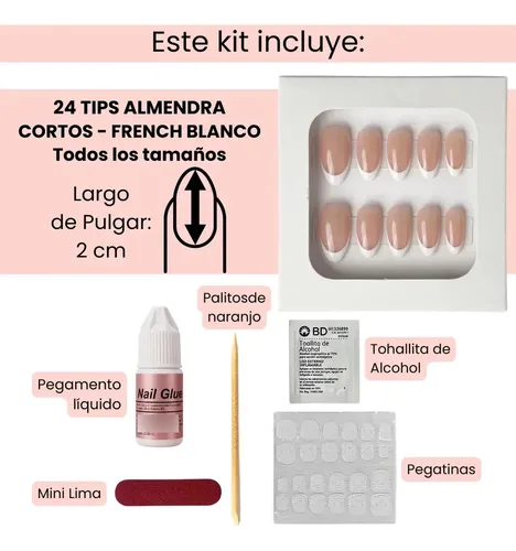 Press On Francesita Almendra Uñas Postizas Autoadhesivas